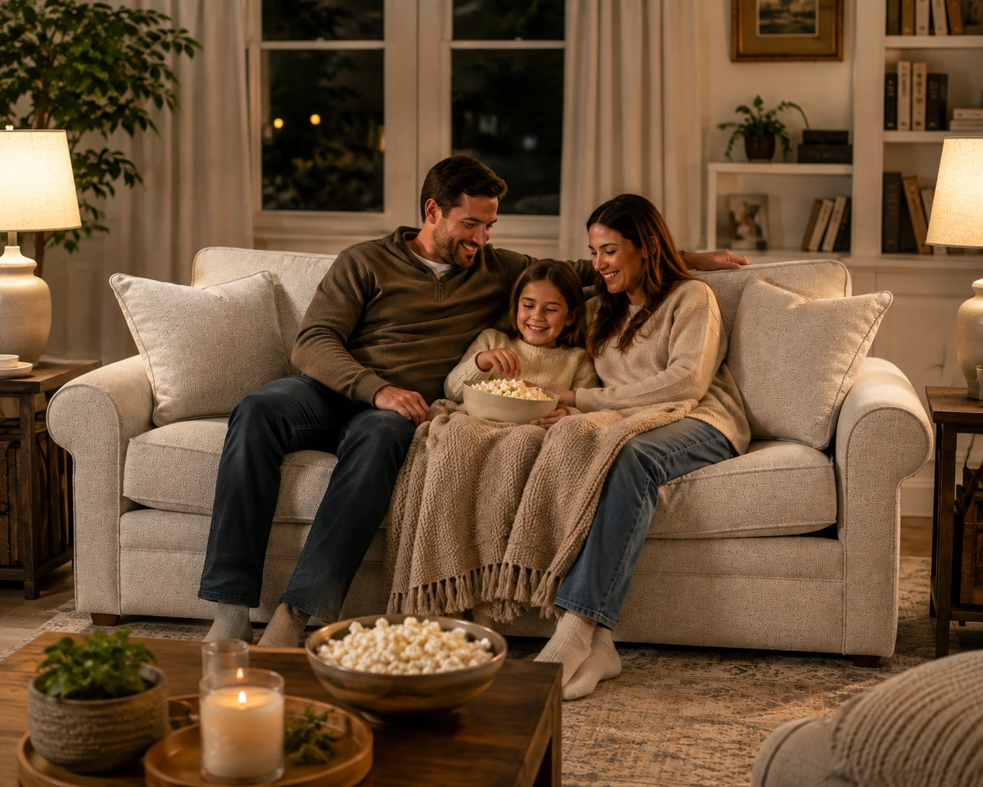 Family with popcorn and a throw blanket on the Collins sofa during movie night