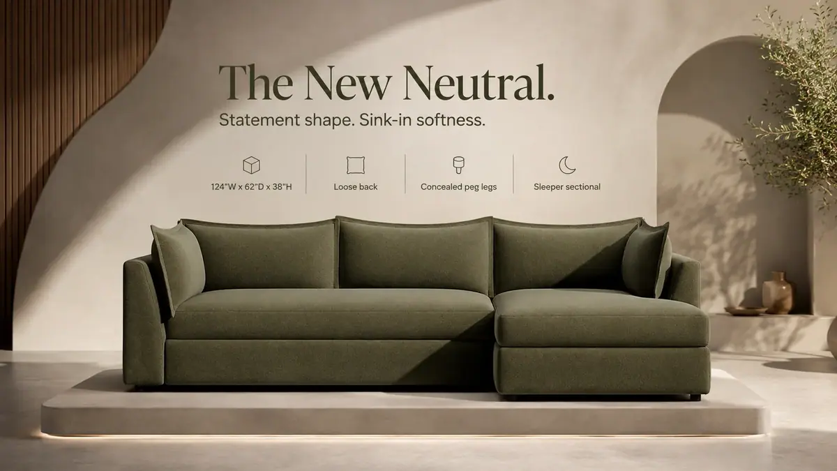 Wilder Sleeper Sectional on a studio plinth with spec icons