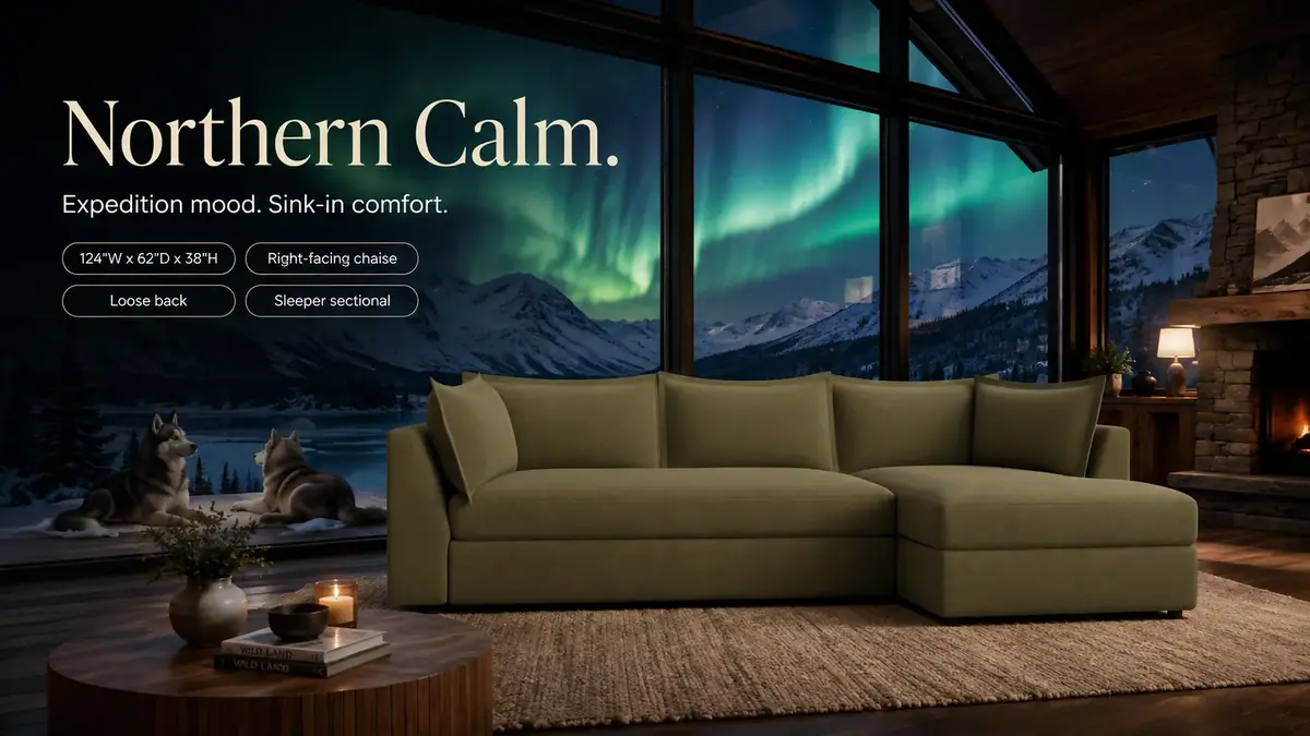 Wilder Sleeper Sectional in an alpine cabin under the northern lights