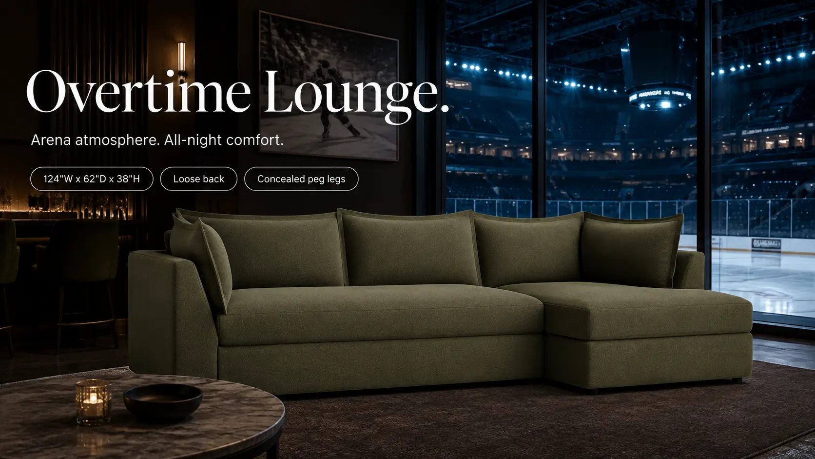 Wilder Sleeper Sectional in a hockey arena suite