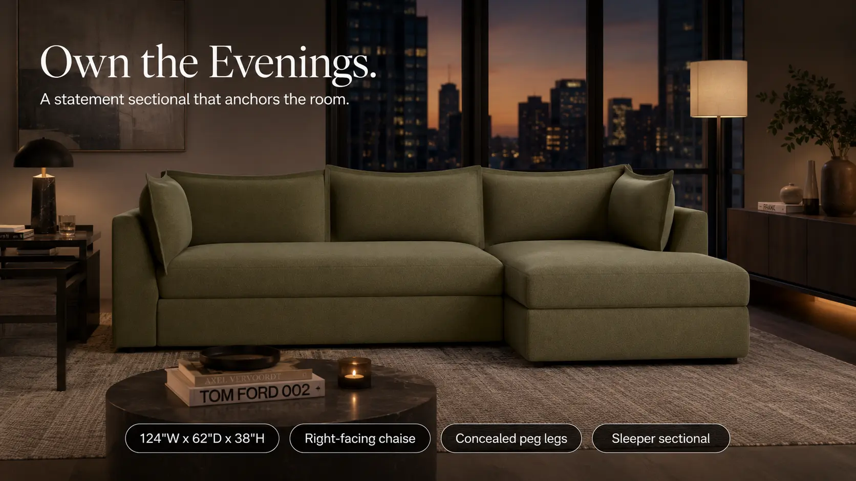Wilder Sleeper Sectional in a city apartment at dusk