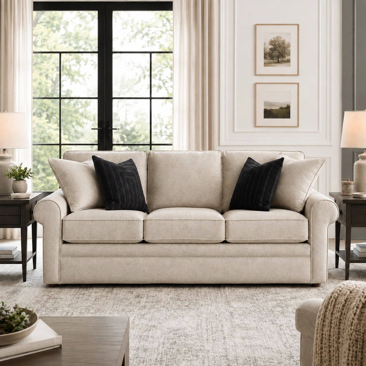 Collins sofa in oatmeal fabric styled straight-on in a bright transitional living room