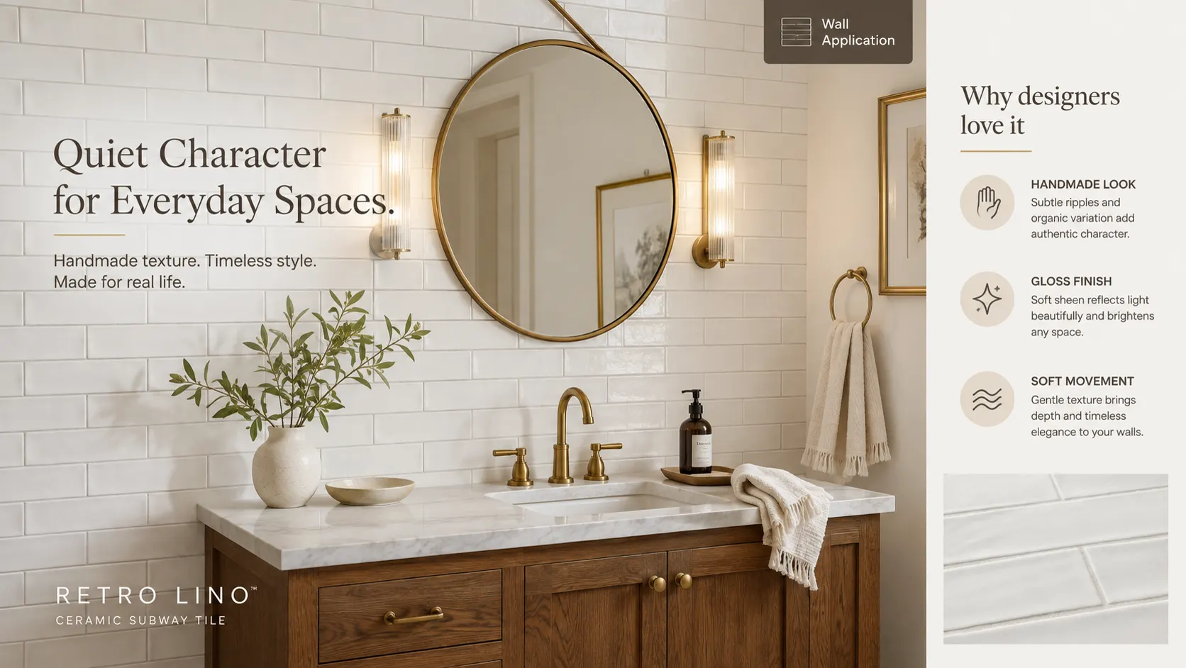 Retro Lino tile behind a bathroom vanity — Quiet Character for Everyday Spaces