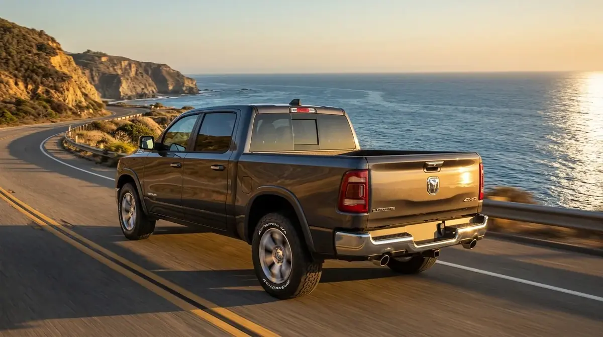 Ram 1500 with KO3 cruising Pacific coast at sunset