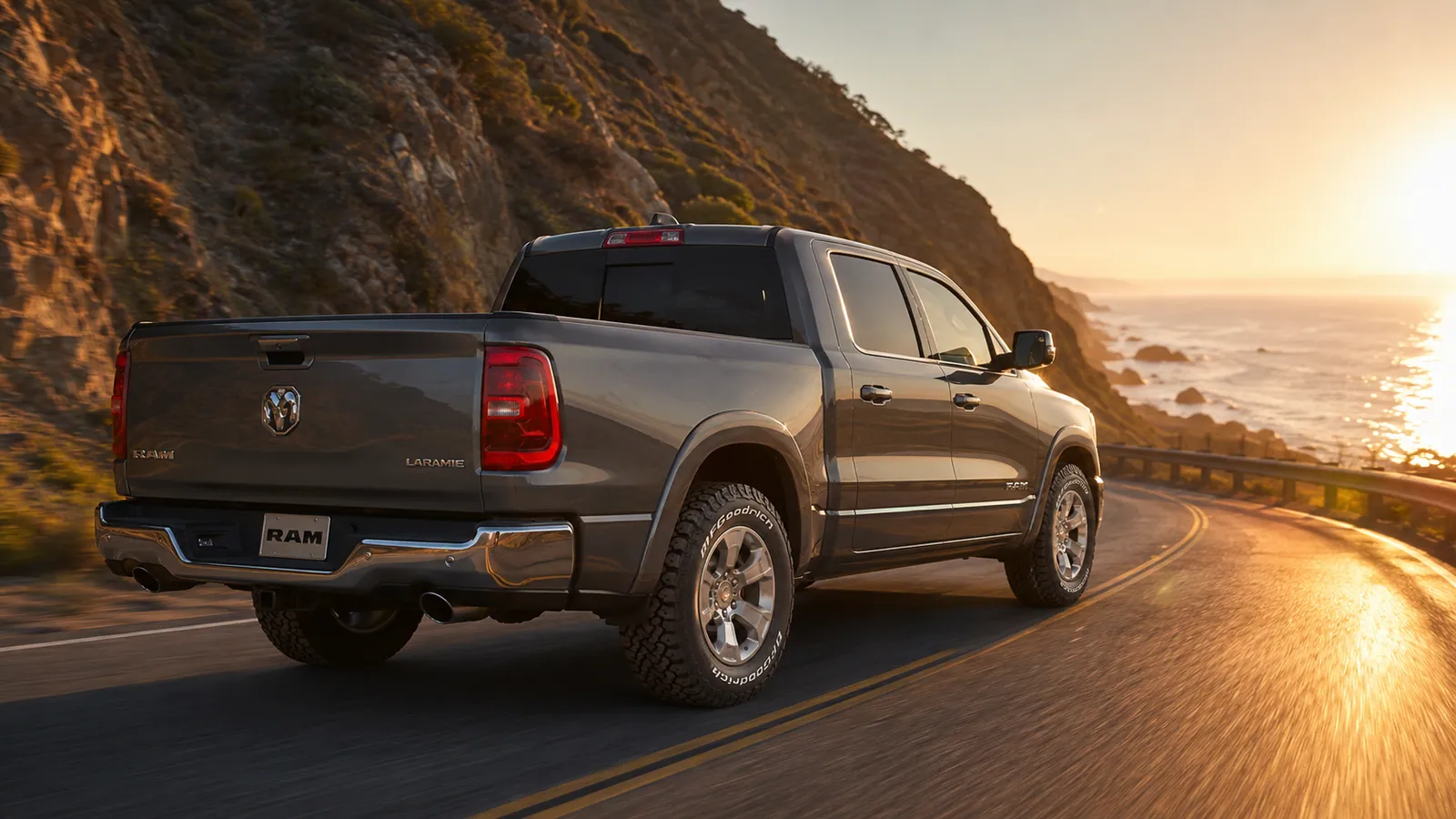 Ram 1500 Laramie with KO3 on coastal highway — rear