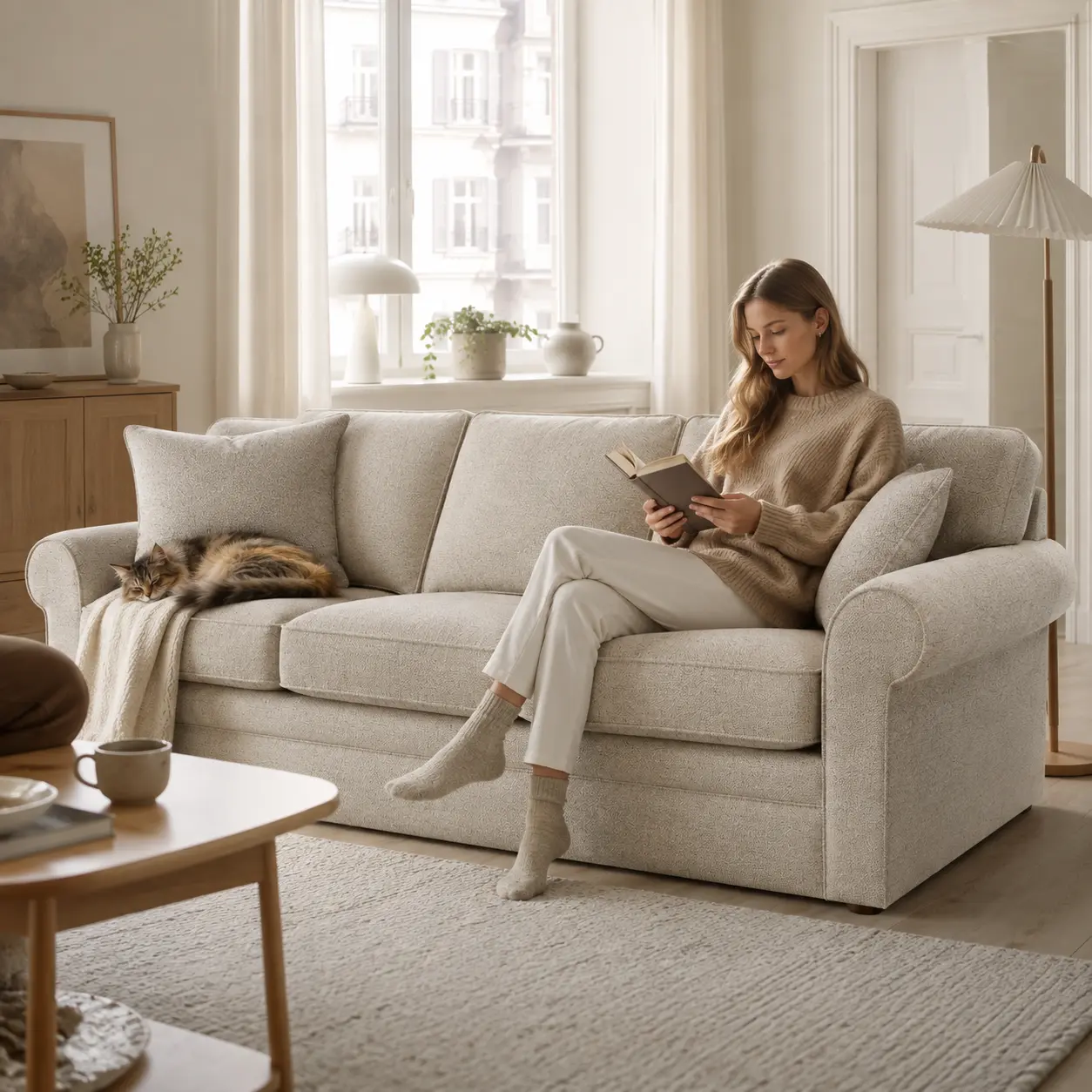 Woman reading a book on the Collins sofa with a cat asleep on the cushion