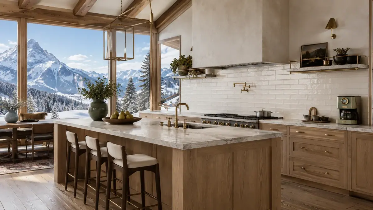 Retro Lino backsplash in an alpine chalet kitchen with mountain views