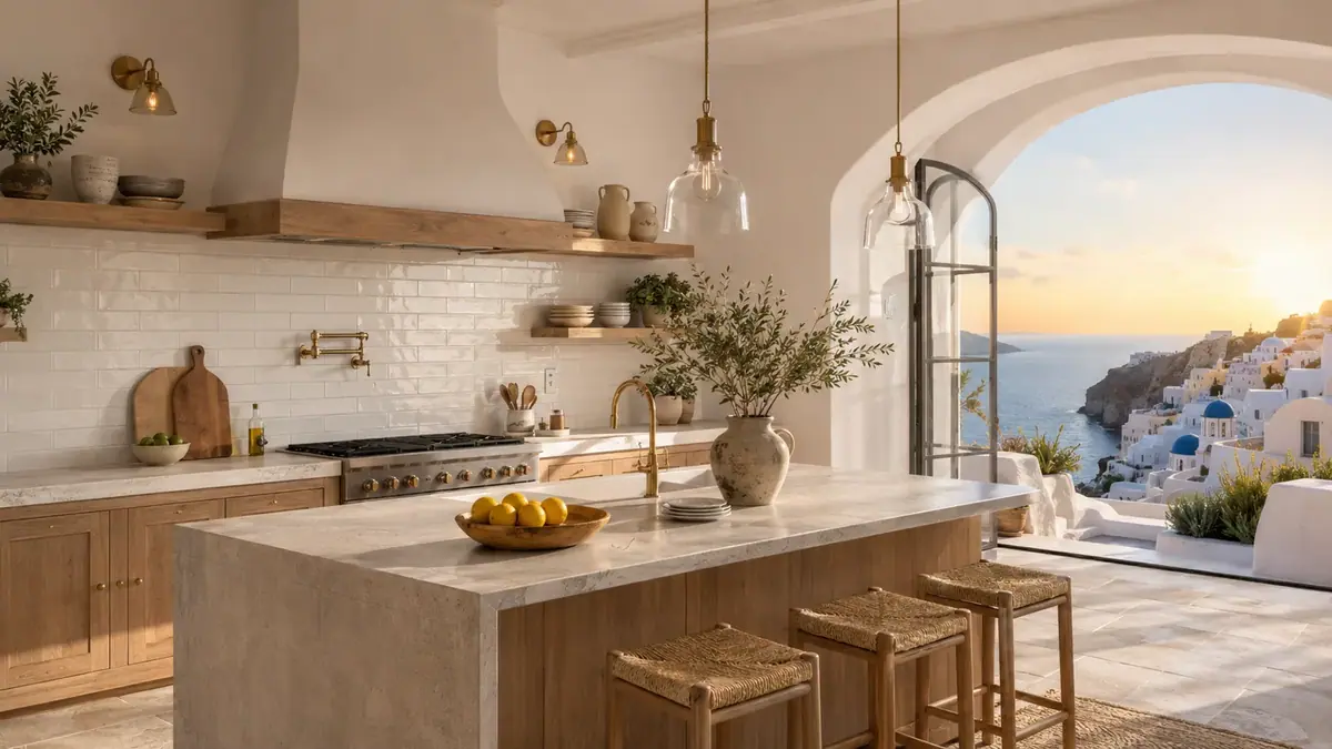 Retro Lino backsplash in a Santorini cliffside kitchen at sunset