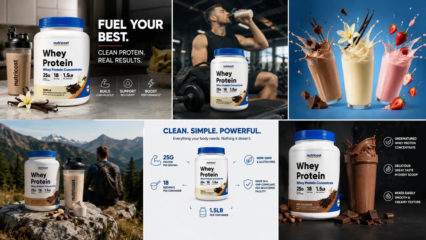Nutricost Whey Protein creative sheet with Fuel Your Best banner, gym scene, flavor splashes and spec diagram