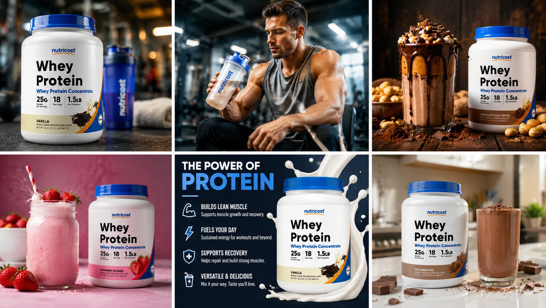 Nutricost Whey Protein creative sheet with gym, strawberry, peanut butter and Power of Protein layouts