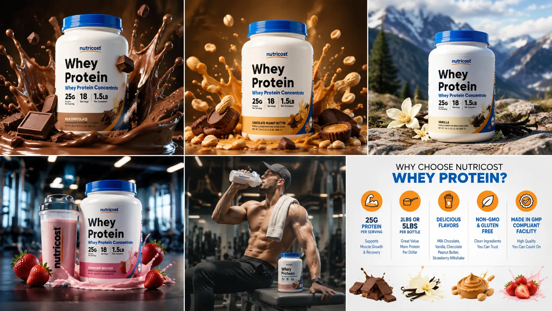 Nutricost Whey Protein creative sheet with flavor splashes, summit scene and Why Choose Nutricost panel
