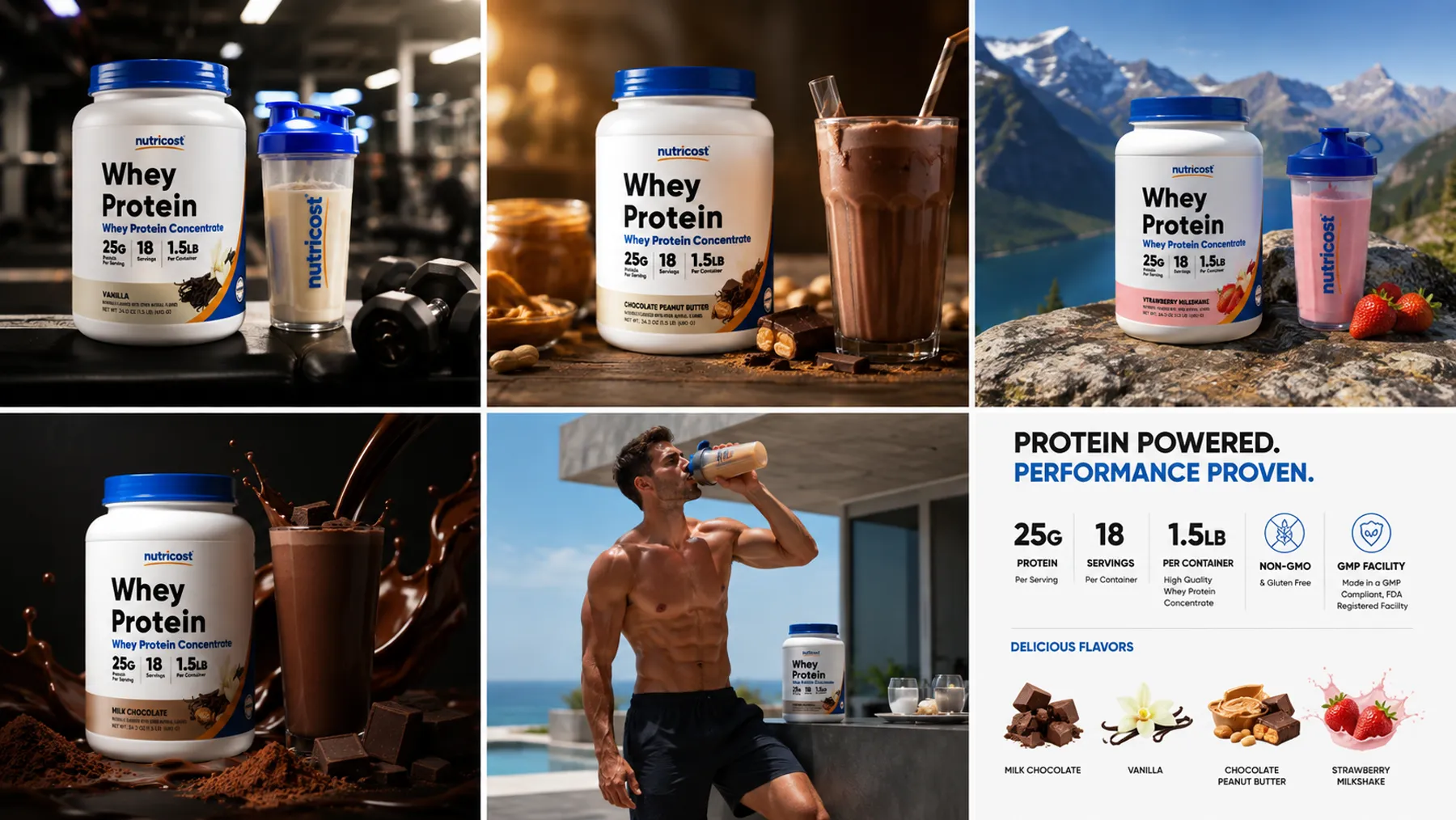 Nutricost Whey Protein creative sheet with gym, kitchen, alpine scenes and Performance Proven spec panel