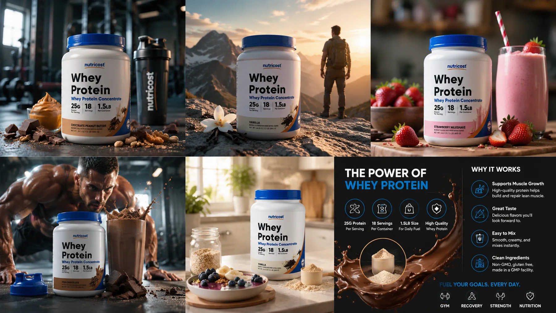 Nutricost Whey Protein creative sheet with summit, kitchen, training scenes and Why It Works panel