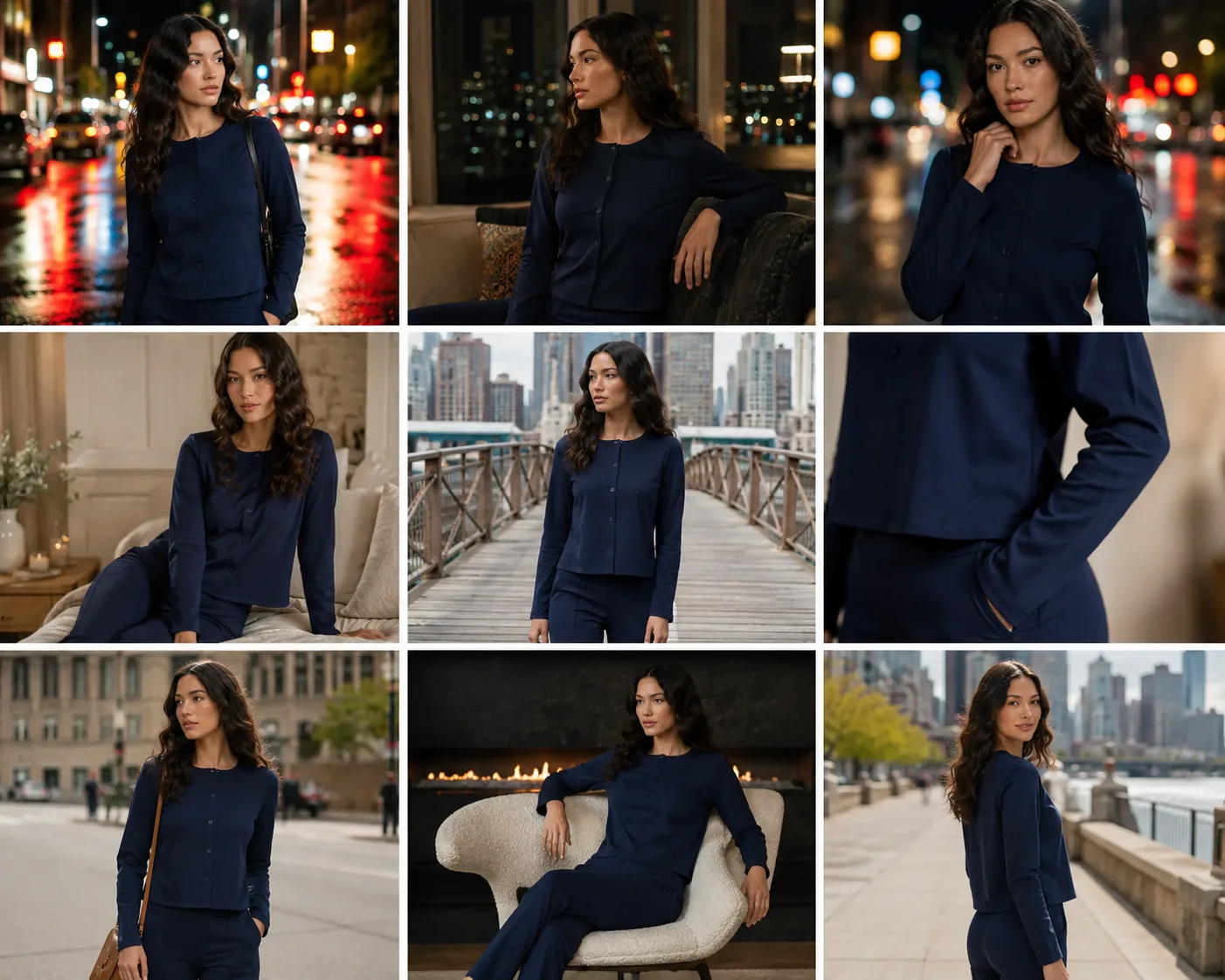 Nine-up contact sheet of the navy cardigan in evening city and lounge settings