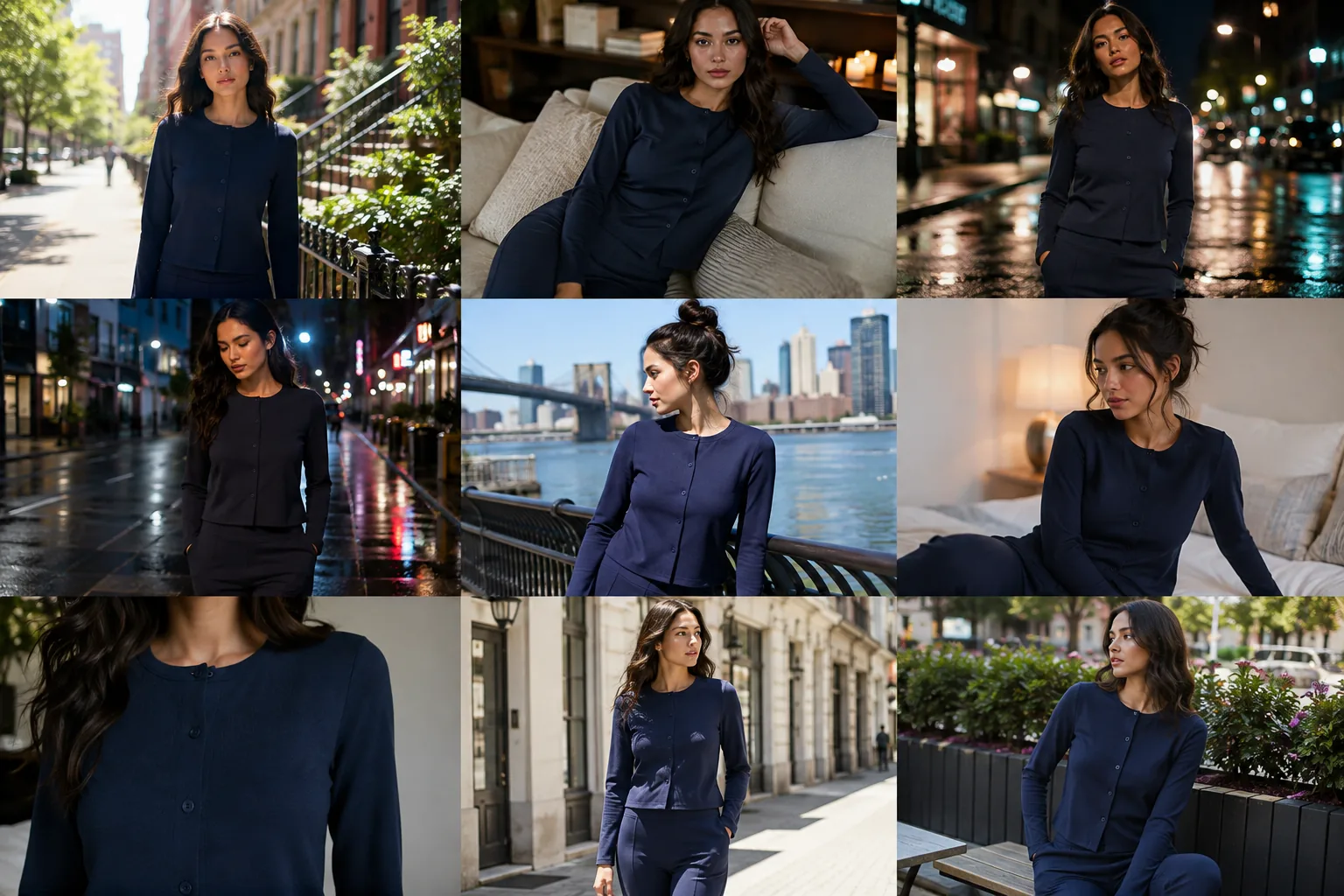 Nine-up contact sheet including fabric and button detail macros of the navy cardigan