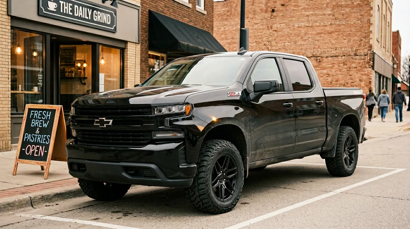 Silverado parked in town outside cafe