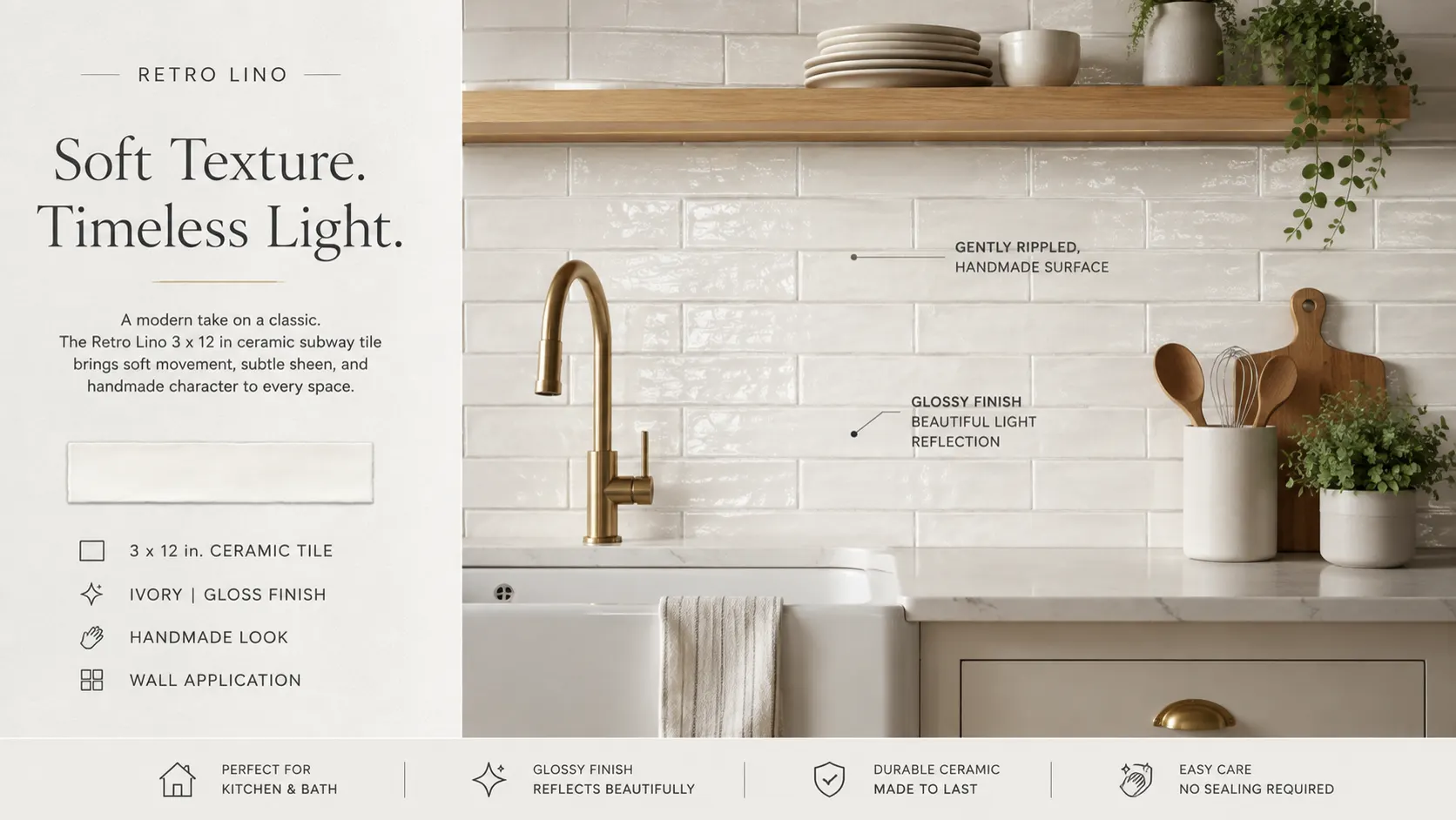 Retro Lino backsplash with annotated finish callouts