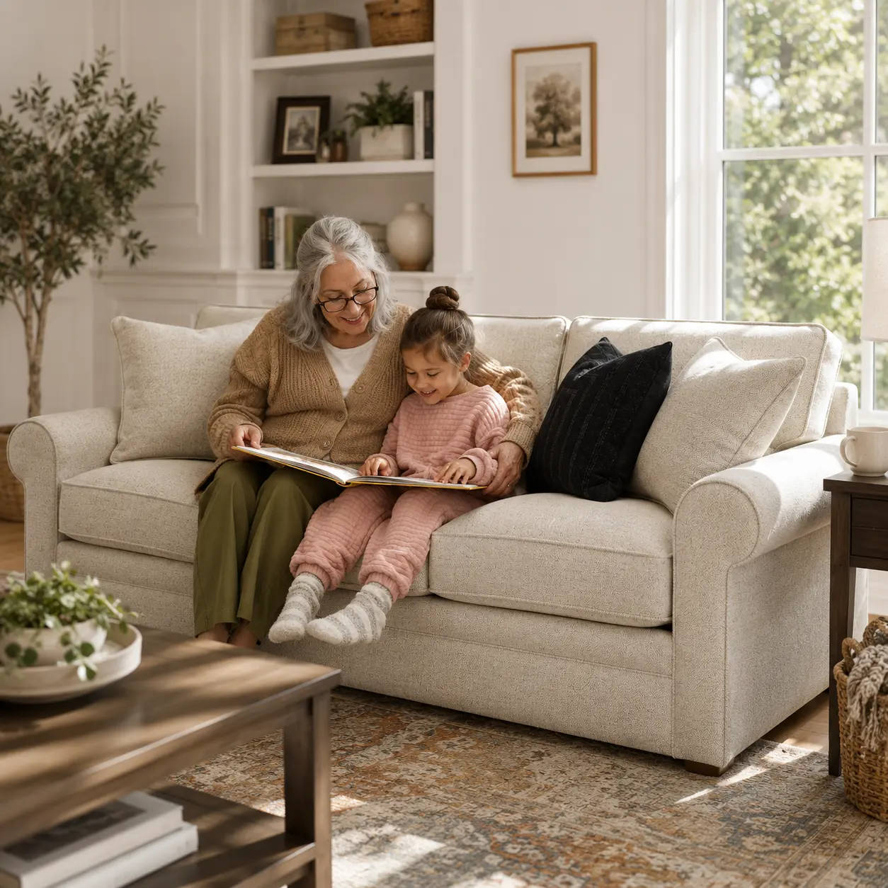 Grandmother reading a picture book with a young girl on the Collins sofa