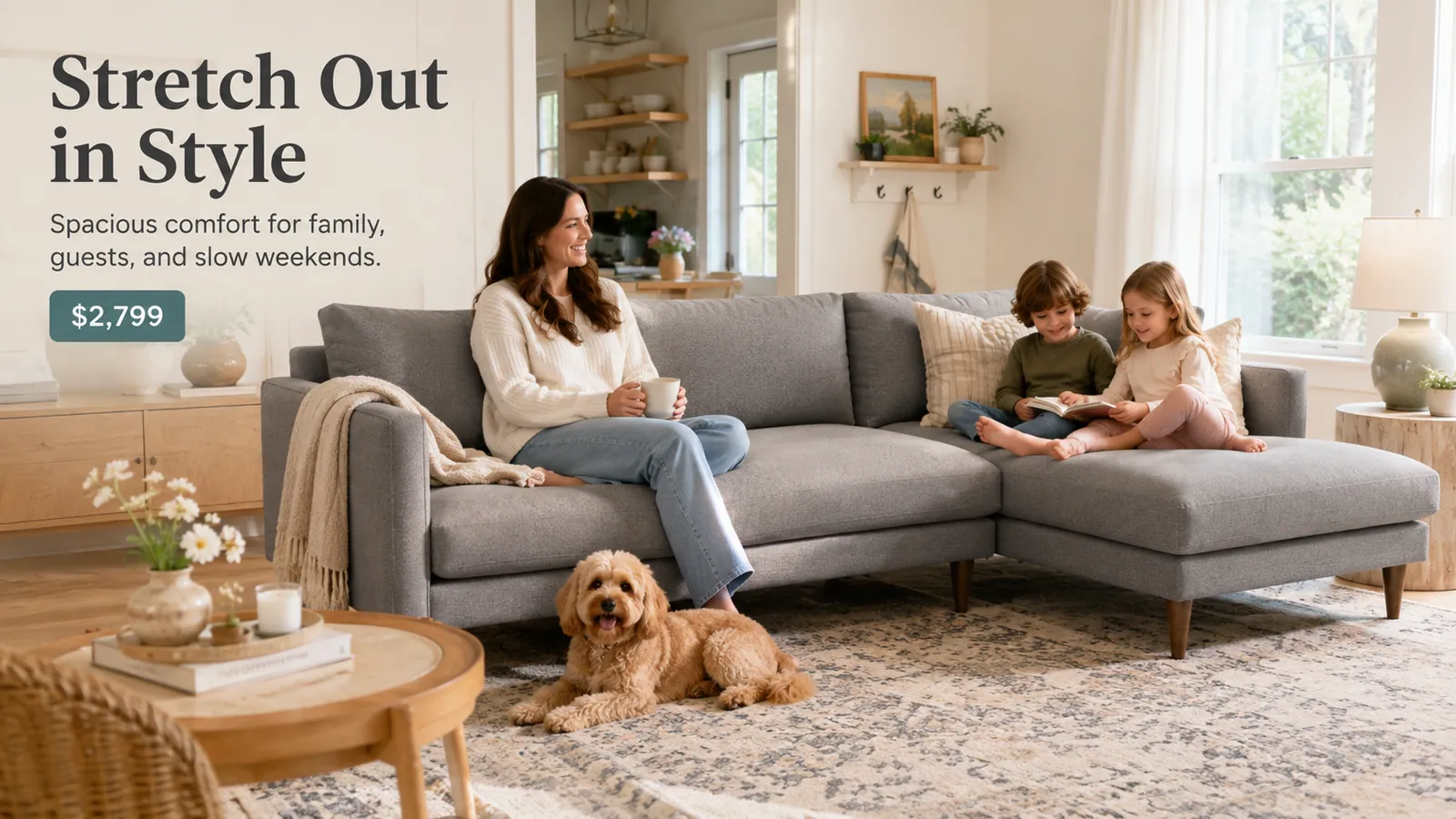 Family and dog on the Lewis Sectional in a farmhouse living room