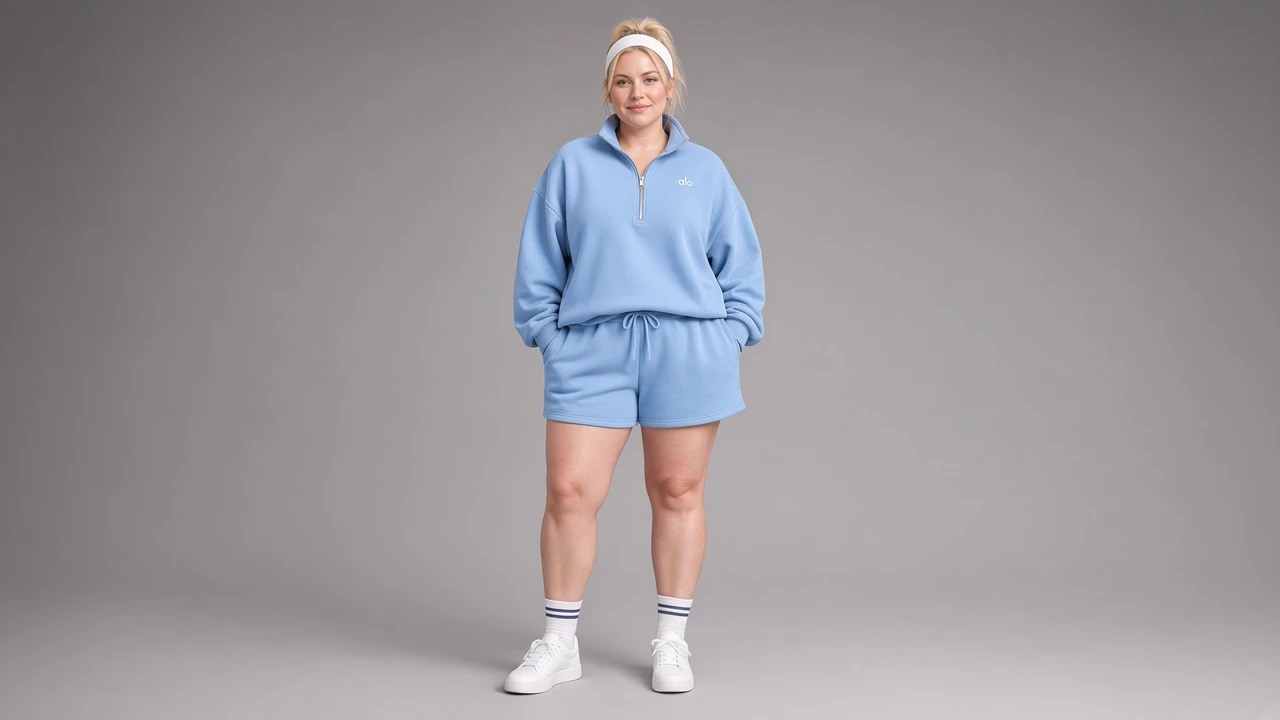 Full-body studio shot of the blue quarter-zip and shorts set