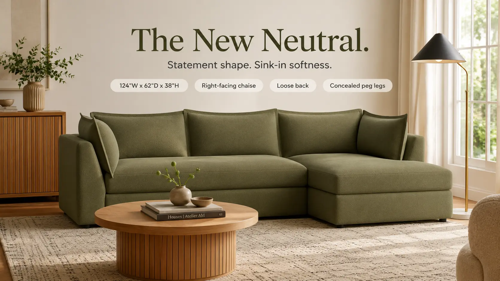 Wilder Sleeper Sectional styled as The New Neutral with spec pills