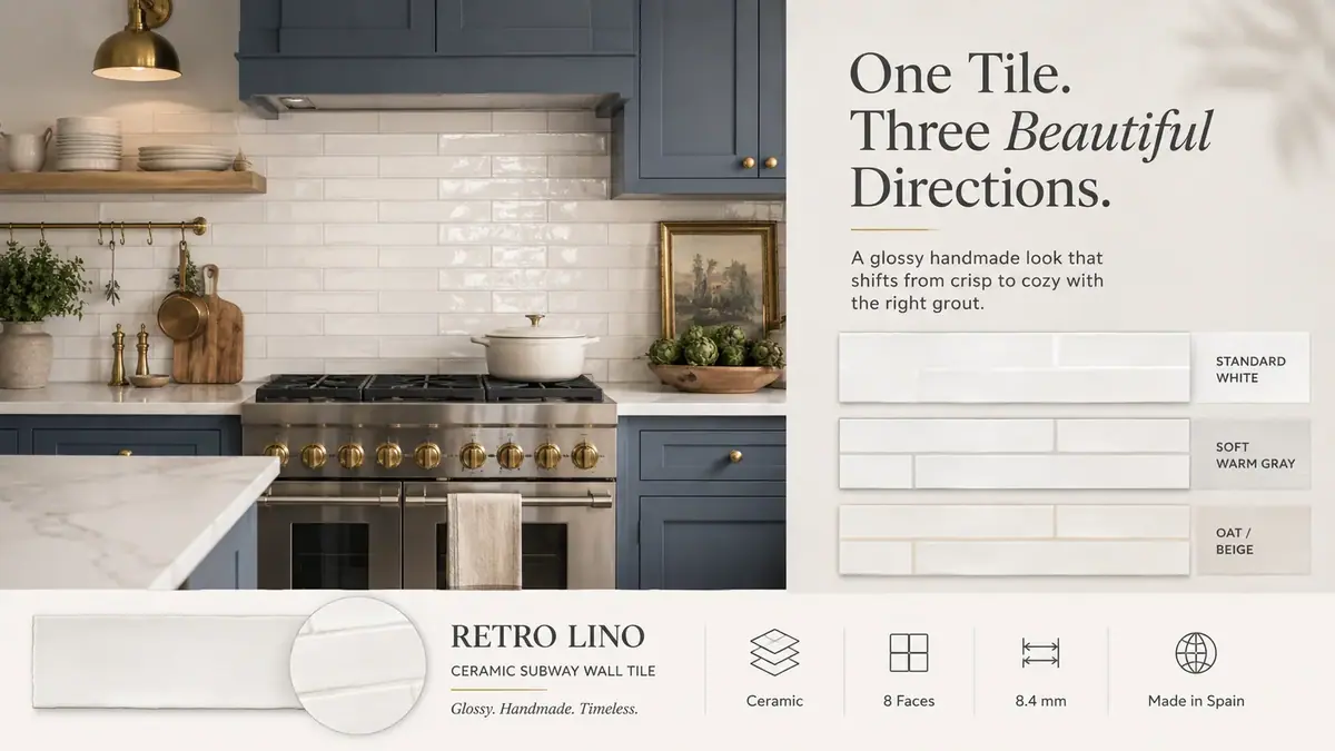 Retro Lino tile shown with three grout pairings