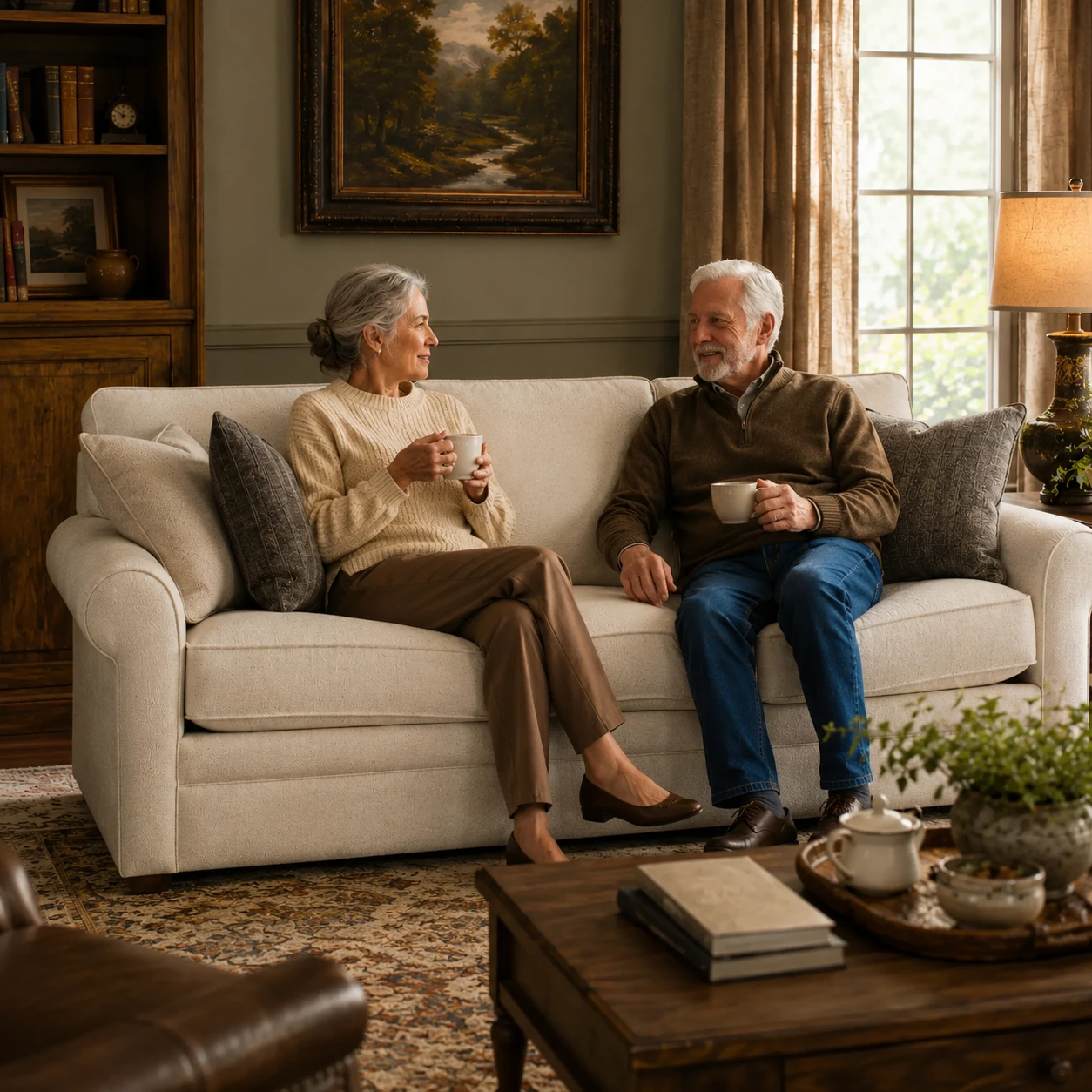 Older couple with coffee on the Collins sofa in a traditional wood-paneled living room