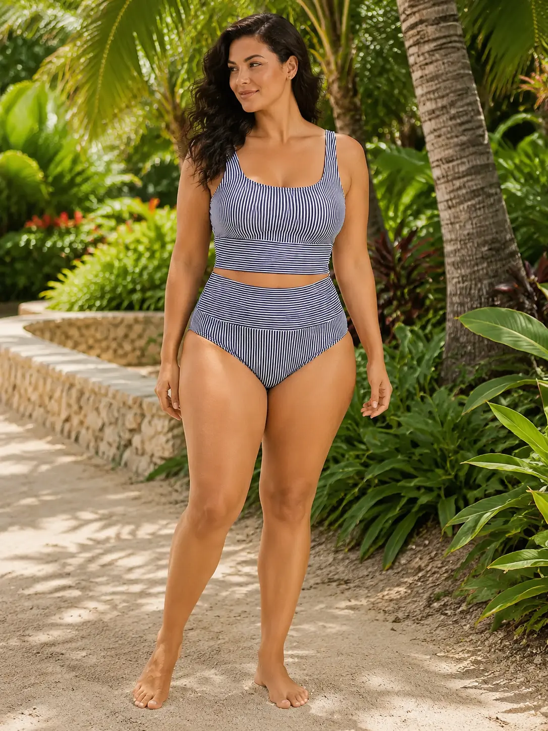 Model on a tropical garden path in a navy striped swimsuit set