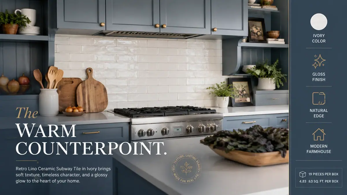 Retro Lino backsplash in a dusty blue kitchen — The Warm Counterpoint