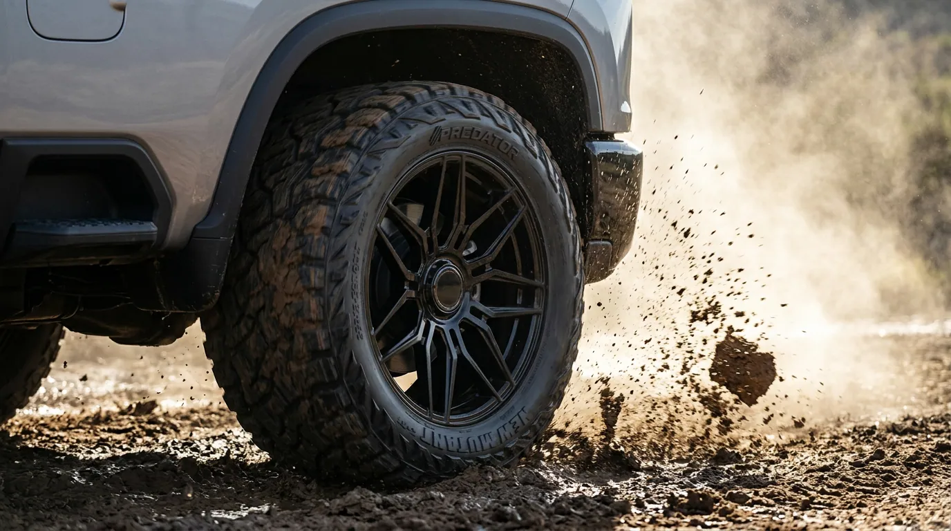 Predator wheel kicking up mud — action shot