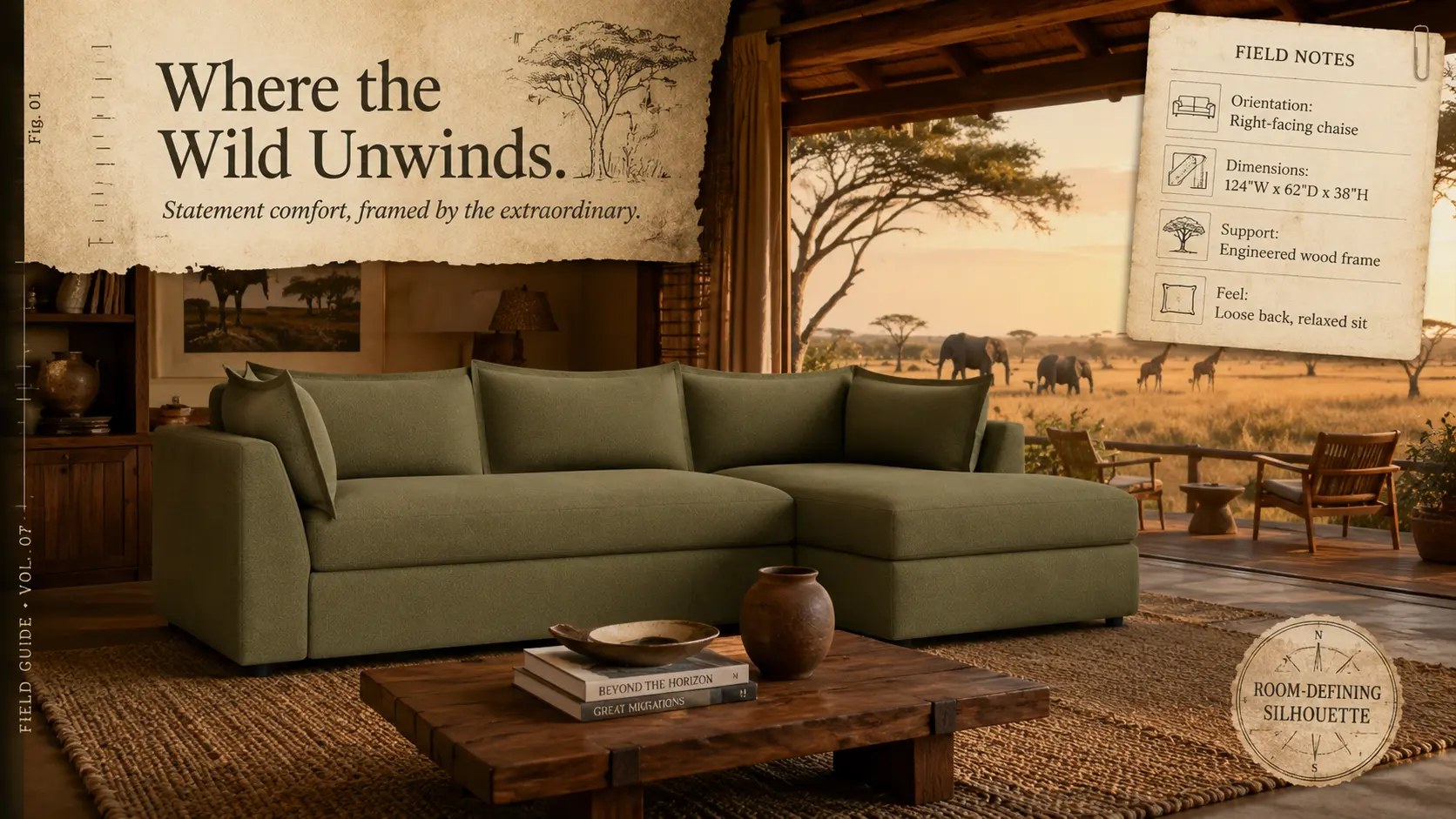 Wilder Sleeper Sectional in a safari lodge, field-notes campaign layout