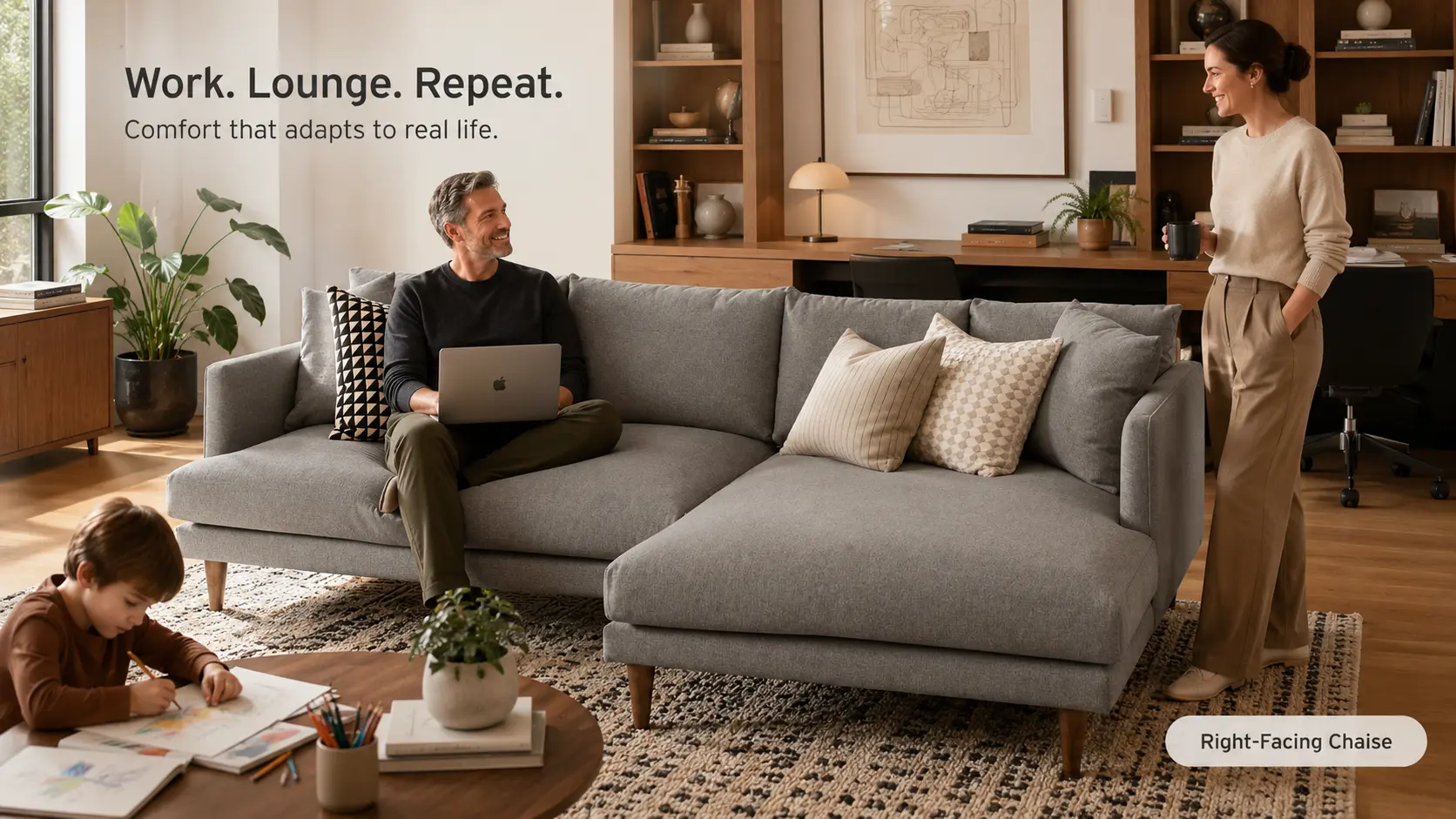 Lewis Sectional in a work-from-home living room